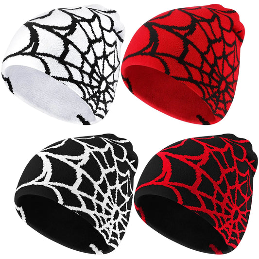 Jeyiour 4 Pcs Y2K Beanies Spider Web Pattern Beanie Gothic Acrylic Knitted Hat Casual Streetwear Outdoor Beanies for Men (Classic ColorKnitted)