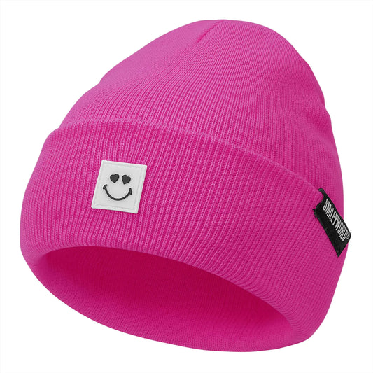 Zando SmileyWorld Smiley Face Beanie for Women Men Soft Funny Beanies Hats for Women Fahionable Embroidered Smiley Face Hat Cuffed Knit Beanies Hats Warm Winter Hats for Women Preppy Hat Hot Pink Hat